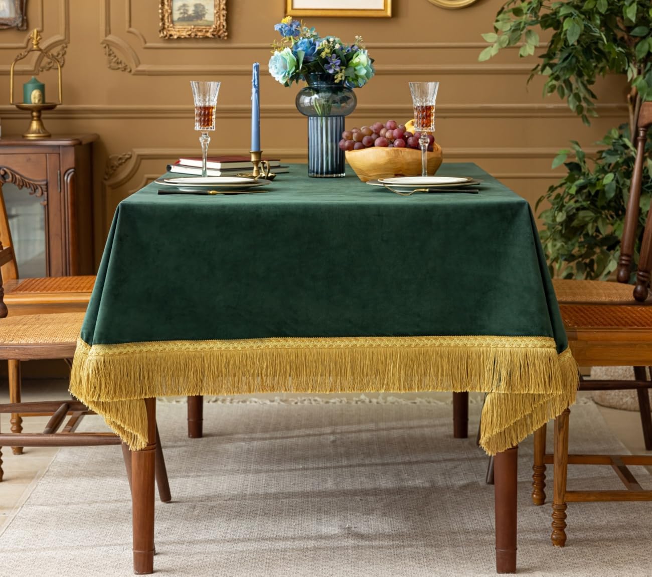 F-CHU Luxury Green Tablecloth Thickset Velvet Tablecloth with Beautiful Gold Tassels Table Cloth for Home Decor Wedding, Party, Banquet and Events 60x70-Inch