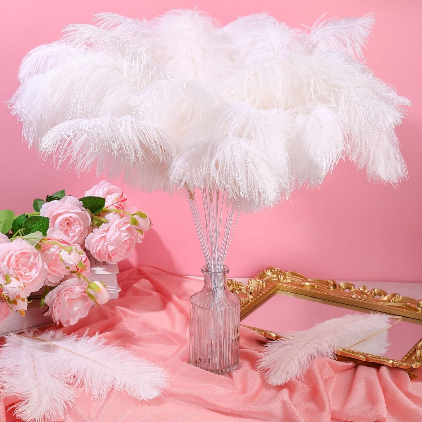 Hanaive 150 Pcs Ostrich Feathers Set Bulk Plumes 12-14 Inch (30-35cm) 70 Pcs Large Ostrich Feathers with 80 Sticks and Tape for DIY Crafts Wedding Home Party Centerpiece Decorations(White)
