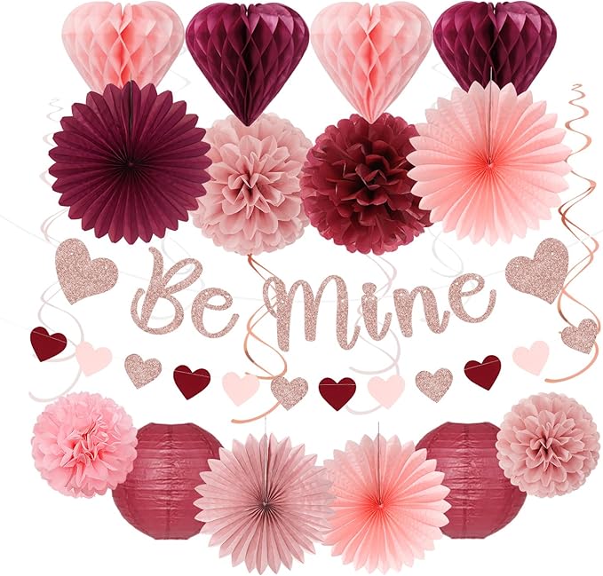 Pink Burgundy-Red Valentines-Day Galentines Party-Decorations - 22pcs Be Mine Love Banner,Wine Red Paper Lanterns Honeycomb Balls,Tissue Pom Poms Flowers Fans,Happy Anniversary Decor Hugmoon