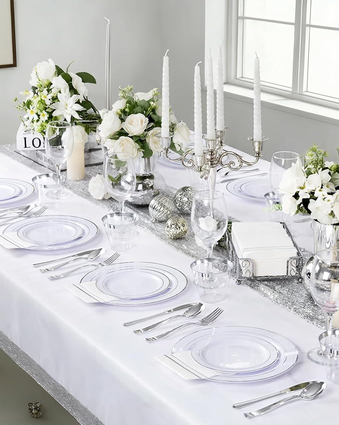 GATHER 700PCS Silver Plastic Plates - Silver Disposable Dinnerware Sets 100 Guest Include 200 Plates, 300 SIlverware, 100 Napkins, 100 Cups For Wedding & Party