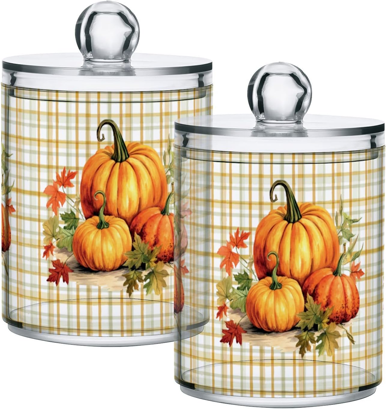 Gredecor 2 Pack Apothecary Jars with Lid Pumpkins Gingham Plaid Qtip Holder Dispenser Storage Containers Clear Plastic Rustic Fall Autumn Thanksgiving Theme Canisters for Bathroom Vanity Organization