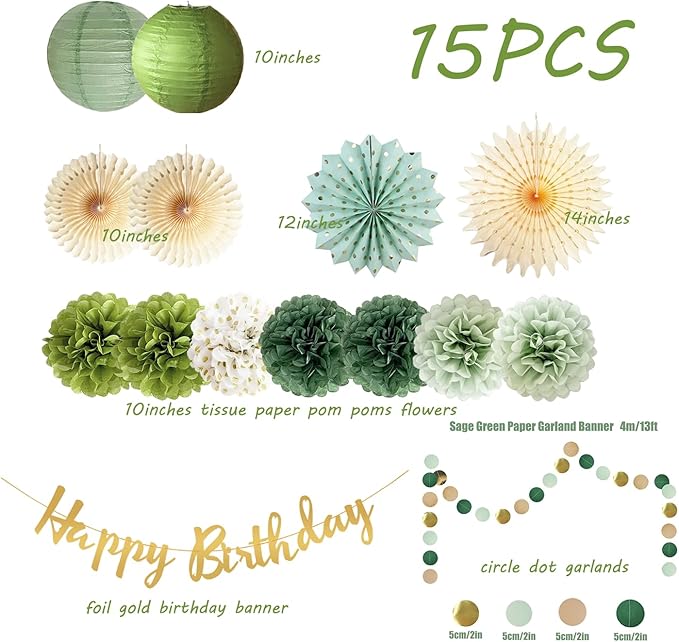 Olive Sage Green Birthday Party Decorations Sage Birthday Party Décor Tissue Paper Pom Poms Flowers Paper Fans Circle Dot Garlands Olive Green Party Neutral Birth day Decorations for Women Girls Boys