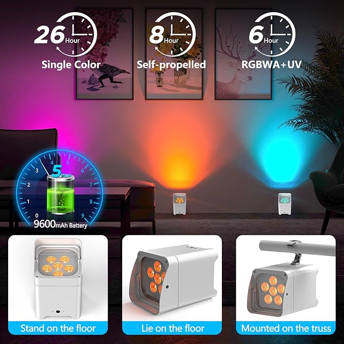Battery Powered Stage Lights, 9600mAh Rechargeable Par Can Lights 6x18W RGBWA+UV APP/Remote/DMX512/Sound Activated, Uplights for Events Party Wedding DJ Concert Christmas Dance White 4Pcs