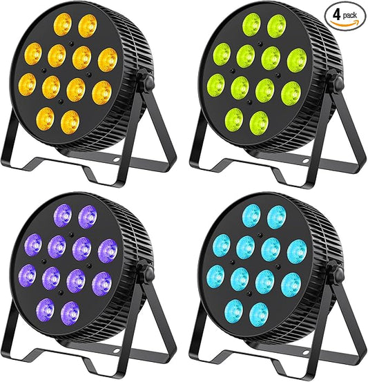 Betopper LED Stage Lights, 12X18W DJ Par Light, RGB+Lime+Amber+UV 6-in-1 Wash/Strobe Effect Stage Lighting, DMX512/Sound Activated Uplighting Lights for DJ, Parties, Concerts, Bars, 4-Pack