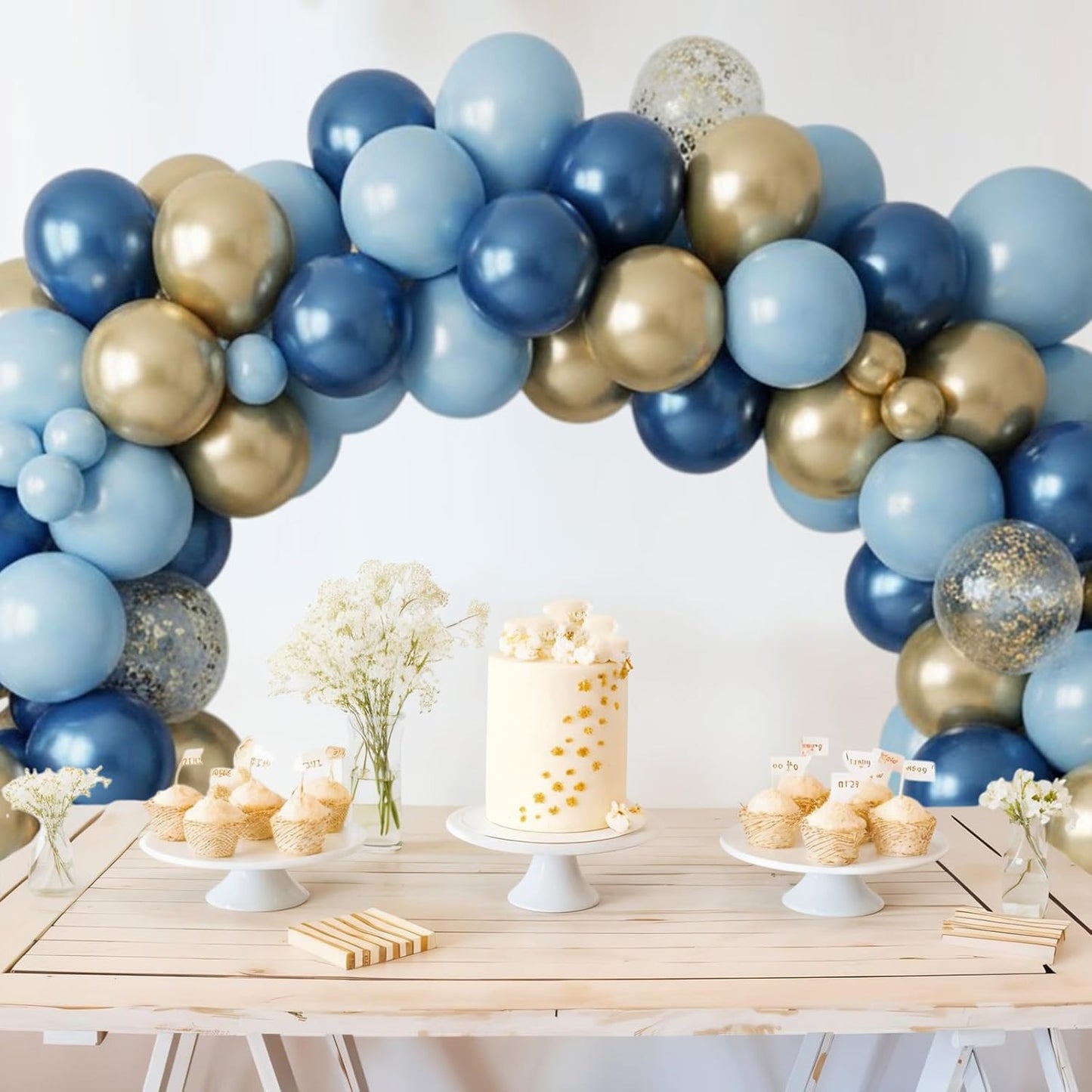 Blue and Gold Balloon, 50 Packs 12 Inch Metallic Blue Pearl Double Stuffed Blue Balloons with Gold Confetti Ballons for Birthday Party Decorations Wedding Bridal Shower Baby Shower Graduate
