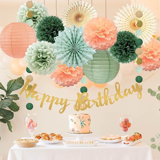 Sage Green and Peach Birthday Decorations - Olive Peach Tissue Paper Pom Poms, Hanging Paper Fans & Lantern, Gold Happy Birthday Banner for Olive Sage Green Peach Bday Baby Shower Decorations