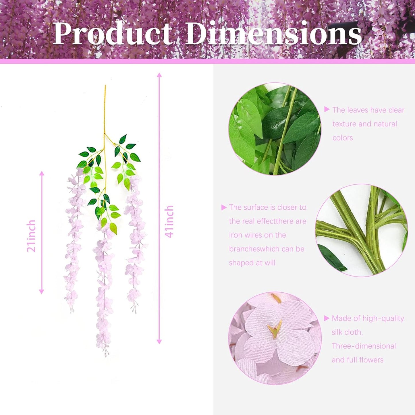 24 Pack Pink Wisteria Hanging Flowers, 3.4 Ft Fake Hanging Flowers, Artificial Wisteria Garland Vines for Wedding Room Backdrop Outdoor Patio Garden Decoration