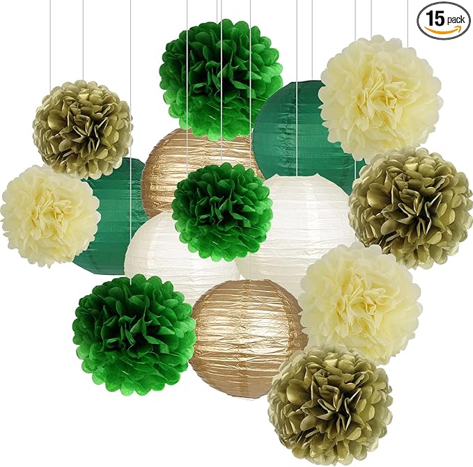 Green Gold Party Decorations, Hanging Paper Lanterns and Pom Poms Flowers for Woodland Baby Shower Graduation Green Birthday Party Decor 15 Pieces