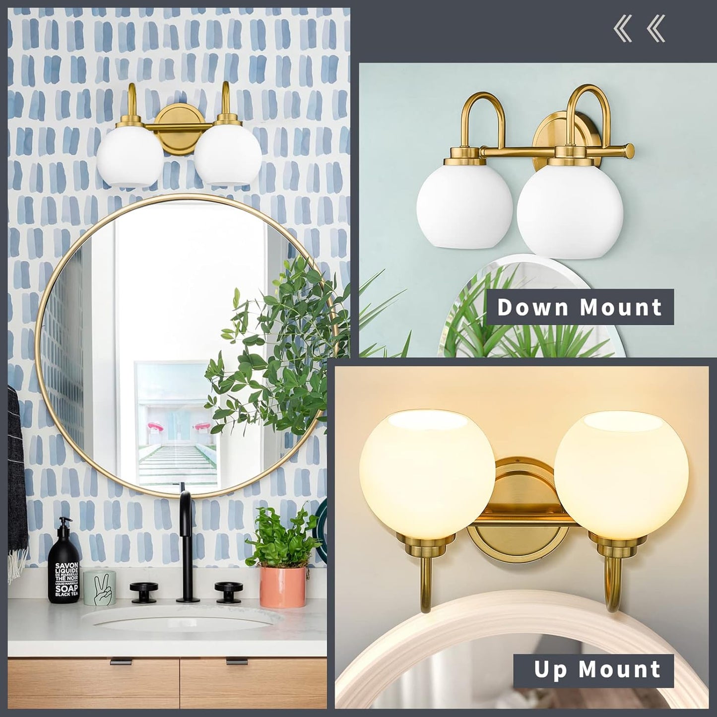 Gold Bathroom Vanity Light Fixtures, 2 Light Modern Over Mirror with White Milk White Globe Glass Shade