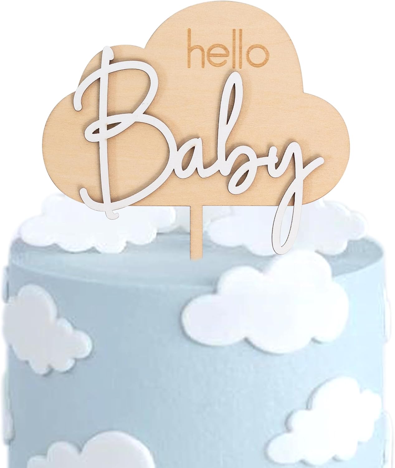 Hello Baby Wooden Cake Topper - Cloud Themed Baby Shower Party Cake Topper，Gender Reveal Party Decoration