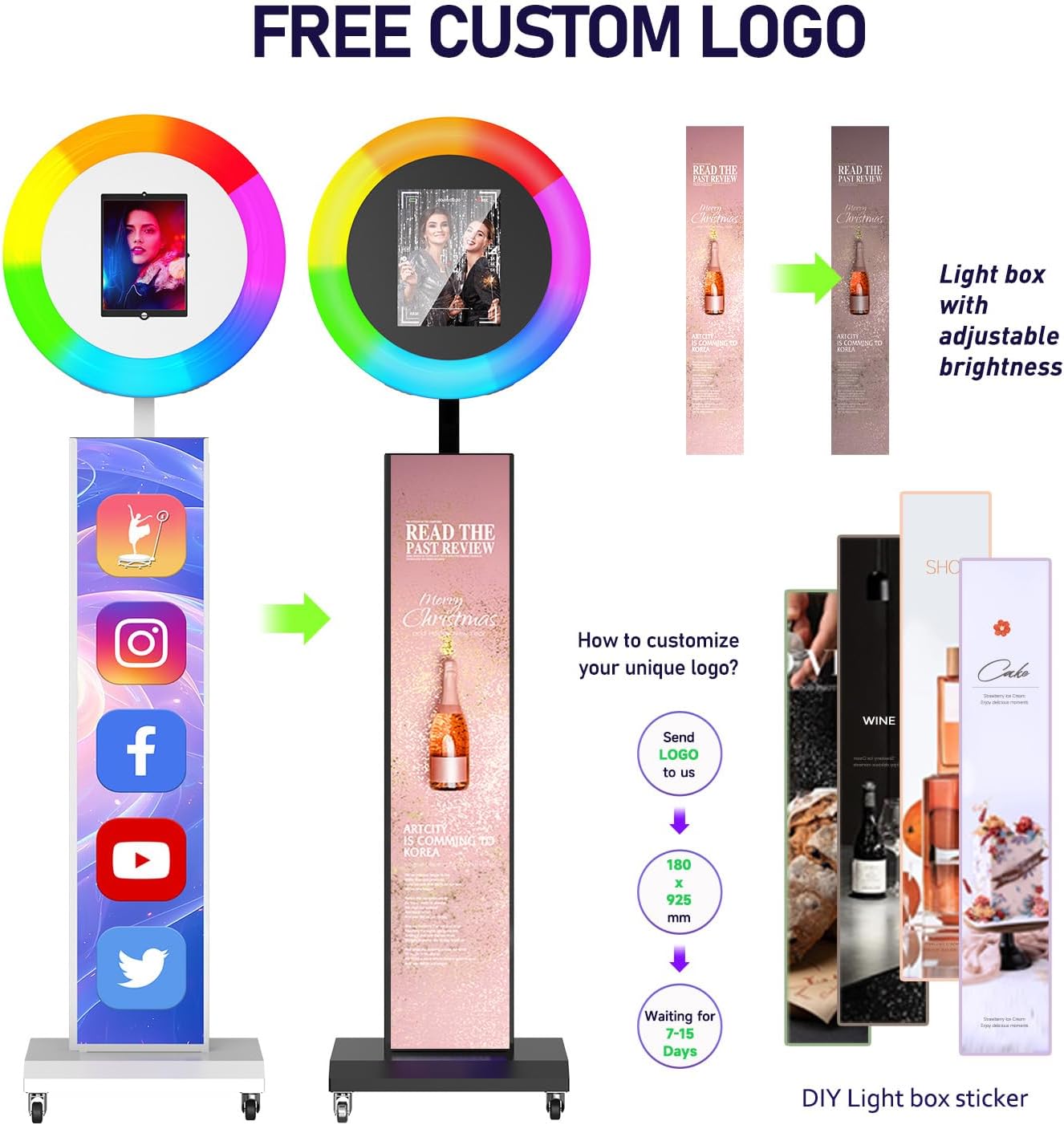 MWE Portable Photo Booth Machine Stand Compatible with Any Ipad with Software APP and Remote Control, RGB Ring Lights Music Sync, Free Custom Logo,Flight Case with Wheels (White, Light Box)