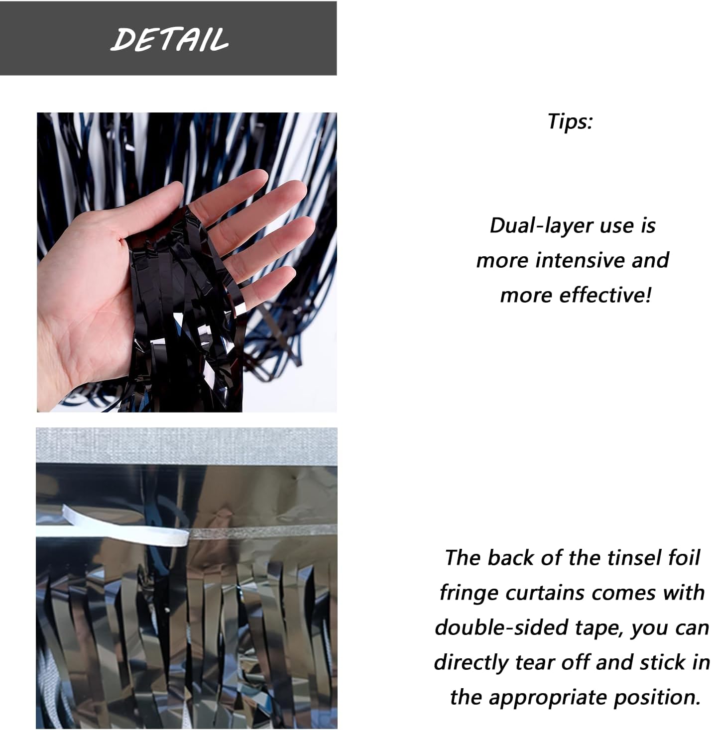 Black Foil Fringe Curtain 3.3×8.3FT 6 Packs, Metallic Tinsel Curtains Party Streamers for Birthday Graduation Baby Shower Decoration (6pcs,3.3FT×8.3FT, Black)