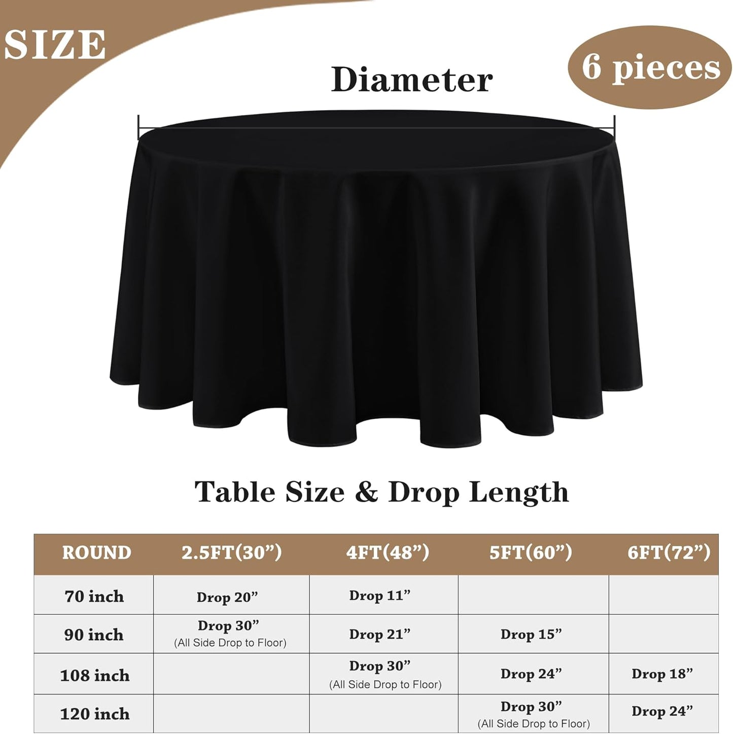 Fitable 6 Pack Black Round Tablecloths - 120 Inches in Diameter - Stain Resistant and Washable Table Clothes, Polyester Fabric Table Covers for Wedding, Party, Banquet, Formal Events