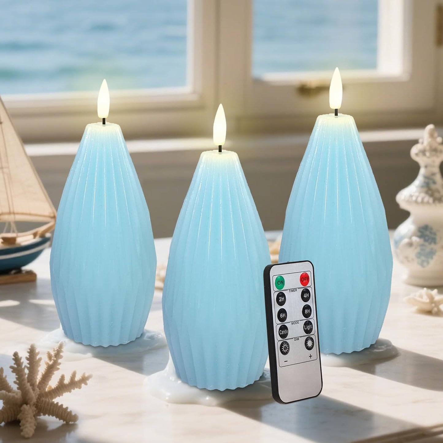 Silverstro Ocean Flameless Candles Remote Irregular Polygon Ribbed Design Real Wax Flicker Battery Operated Candles for Home Party Wedding Thanksgiving Christmas Nautical Decor - Set of 3(Blue)