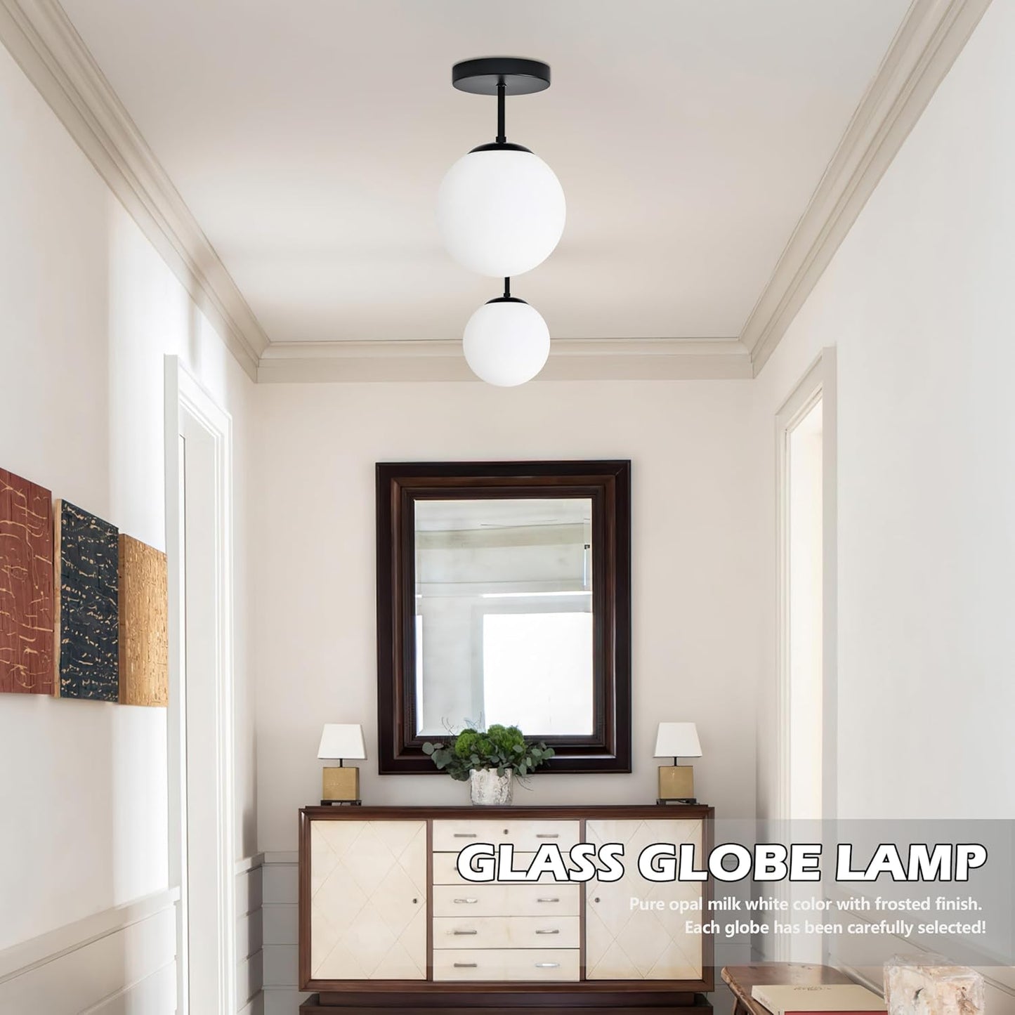 8" Black Semi Flush Mount Ceiling Light Fixture Milk Glass Globe Ceiling Light Fixtures Hallway Light Fixtures Mid Century Ceiling Lights Matte Black Finish for Entryway Foyer (Bulb Incl.)