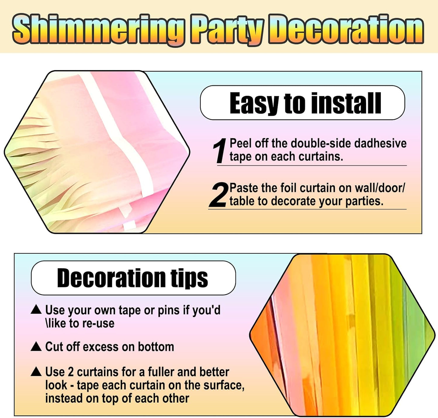 3 Pack Rainbow A Foil Fringe Curtain Backdrop, 3.28Ft x 8.2Ft Metallic Tinsel Foil Fringe Streamer Curtains for Photo Booth, Christmas Day, Thanksgiving, Wedding, New Year Party Decorations