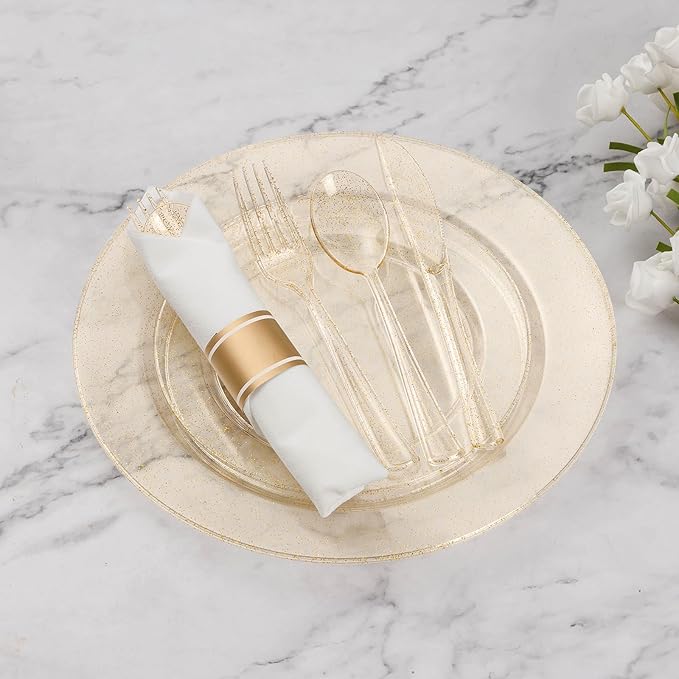 Goodluck 100 Pack Pre Rolled Gold Glitter Plastic Silverware, Wrapped Cutlery Set with Napkin Include 100 Forks, 100 Knives, 100 Spoons and 100 Napkins, Fancy Disposable Silverware for Party, Wedding