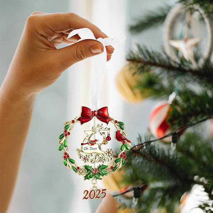 Christmas Tree Ornament Metal Silver Hanging Rotatable Design Charm Holiday Decorative Pendant Gift Keepsake (2025 Deer & Golden)