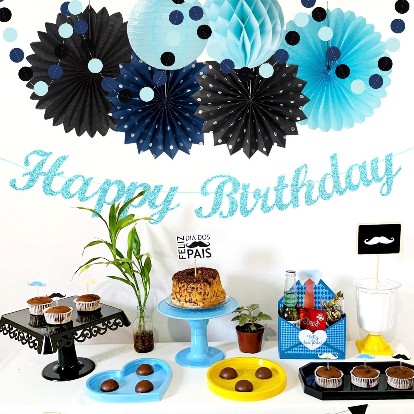 Light-Royal Navy-Blue Black Birthday Party-decorations - 21pcs Boys Men Happy Banner,Paper Streamers Lanterns Honeycomb,Tissue Pom Poms Fan,Adult Supplies Decor 16th 20th 40th 45th 50th 60th Huglony