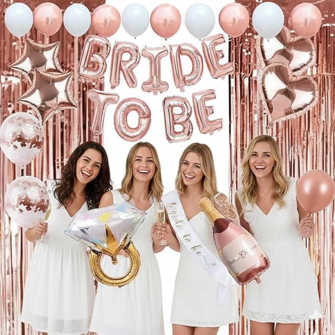 Bachelorette Party Decorations – 82 PCS Rose Gold Bride to Be Set with Foil Balloons, Confetti Balloons, Photo Props, Bride Sash, Veil, Champagne Balloon & Foil Curtain for Bridal Shower