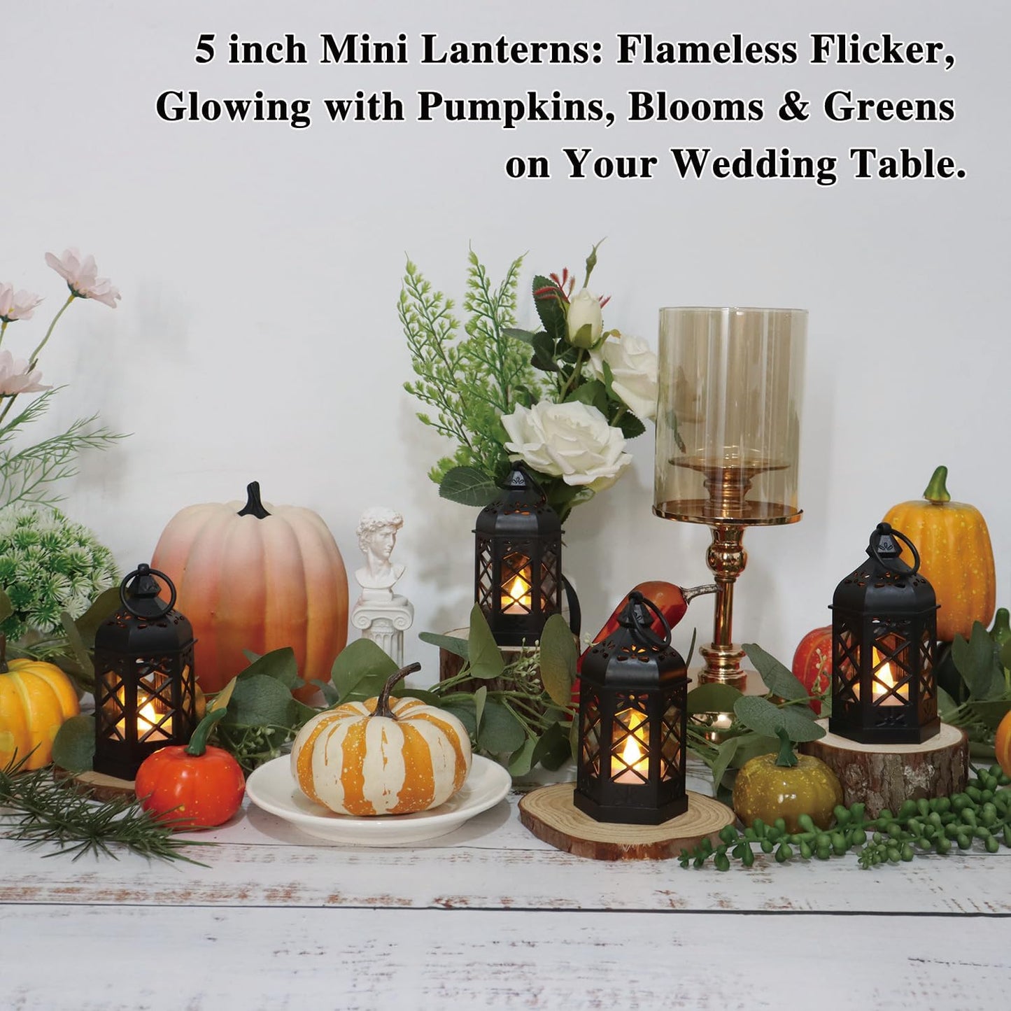 LLQ (8Pack-5Inch) Mini Lantern with Flickering LED Candle for Table Centerpiece, Black Halloween Decorations, Small Hanging Decorative Lantern for Wedding Christmas, Fall Garden Party Decor for Home