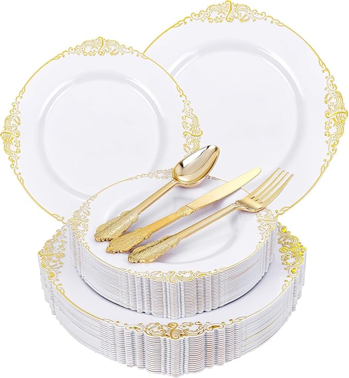 125PCS White and Gold Plastic Plates - Gold Disposable Plates with Plastic Silverware - Vintage Disposable Dinnerware Set for 25 Guests for Parties Holiday