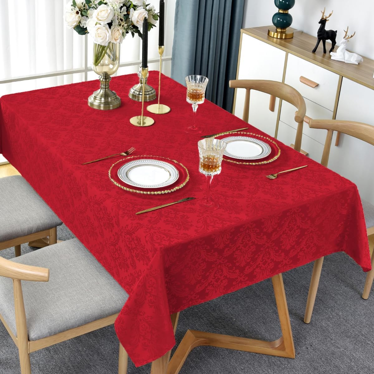 SASTYBALE Rectangle Jacquard Tablecloth, Damask Table Cloth SpillProof Wrinkle Resistant Tablecloths, Soft Polyester Oblong Table Cover for Kitchen, Dinner, Parties (Red, 60X102)
