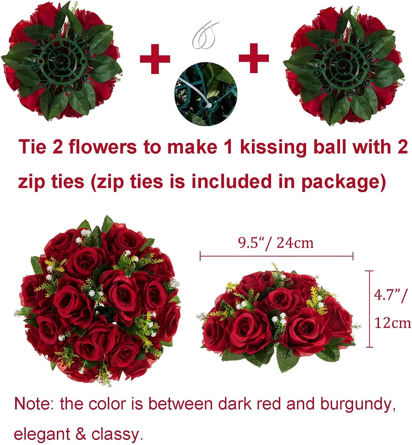 BLOSMON Flower Balls Wedding Rose Centerpieces: 2 Pcs Crimson Fake Flowers Kissing Balls Decor Artificial Floral Arrangements Flower Bouquet of Roses Home Party Table DIY Decorations