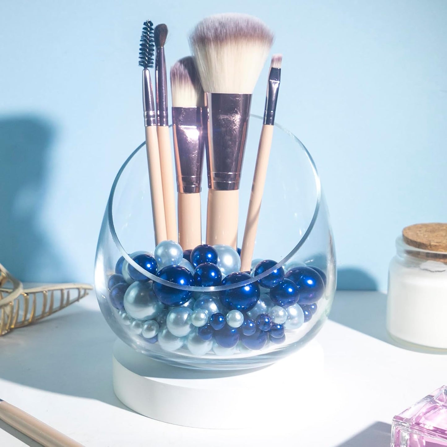 300Pcs Navy & Light Blue Polished No Hole Faux Pearl Beads for Vase Filling Decorations, Plastic Pearls Vase Fillers, Table Scatters, Wedding Centerpiece, Home Decor, 8/14/20 mm