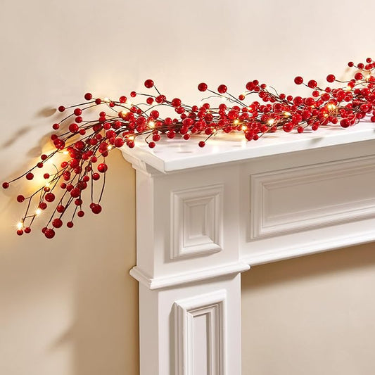LampLust Lighted Garland, 6 Ft Red Berry Garland, 100 LED Lights, Spring Garland for Mantle All Year Round, Battery Powered, Timer Included, Farmhouse Decor, Table Top Decor for Dining Room