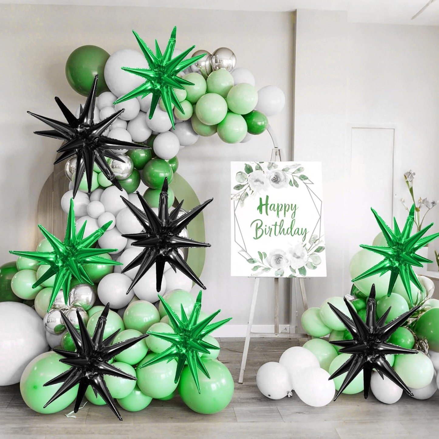 Black Green Star Balloons,9Pcs 22Inch Black Green Explosion Spike Cone Helium Polyester Film Star Foil Balloons for Birthday Anniversary Baby Shower Disco Party Decorations