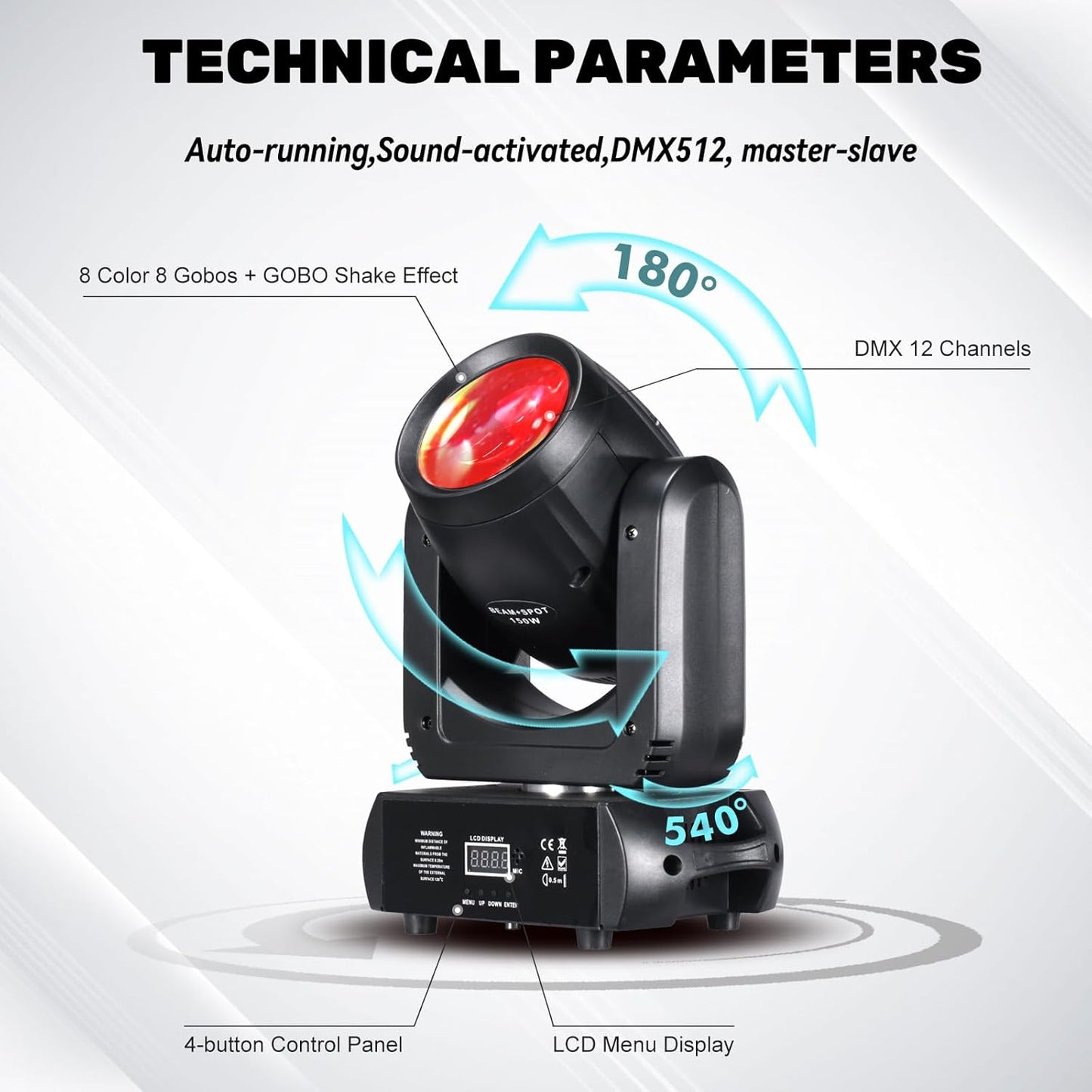 150W Moving Head DJ Lights LED Stage Light Beam Spot Wash 8 Gobos 8 Colors Stage Lighting DMX 512 with Sound Activated for Wedding Live Show Disco Events Party(150W, 1)