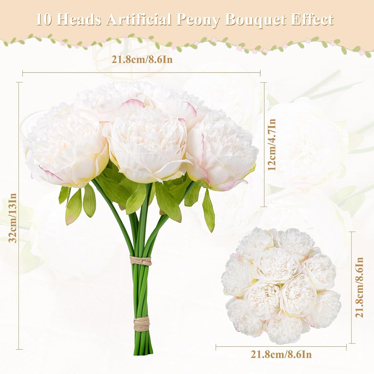 U'Artlines 2 Bouquet 10 Heads Artificial Peony Silk Flower Leaf Home Office Wedding Party Festival Bar Decor (Cream White)