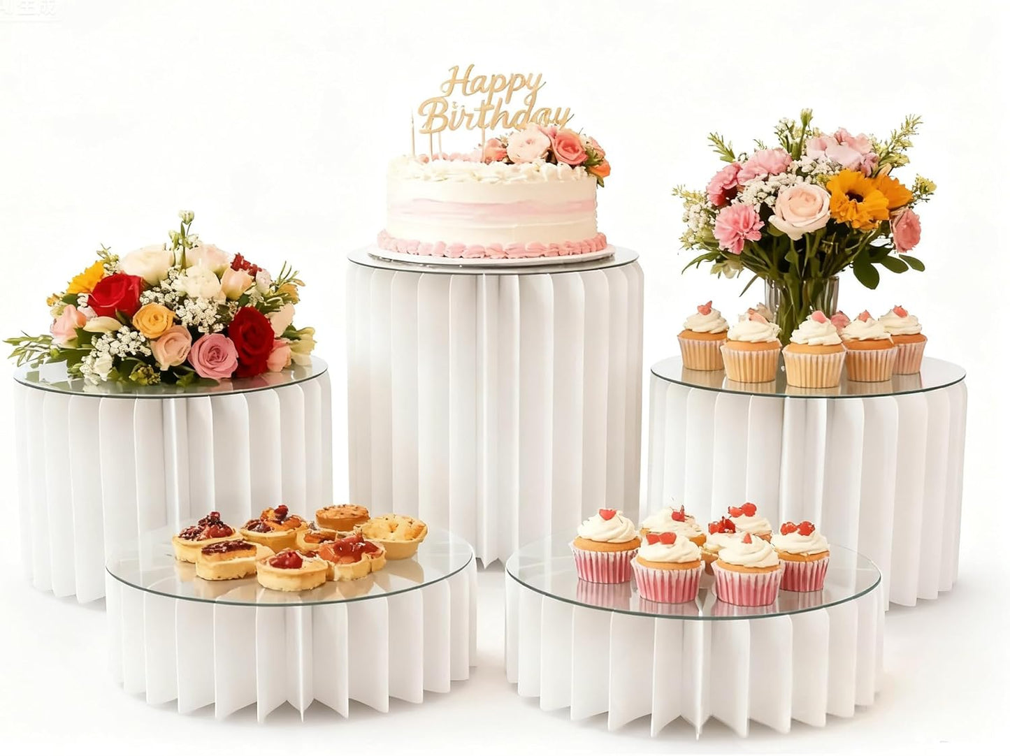 5 Pcs Buffet Risers Food Display Risers for Party Buffet Table, Dessert Table Display Set Cake and Cupcake Stand Combo, Riser Display Stand for Dessert Food Jewelry, White, 4"/8"/12" H