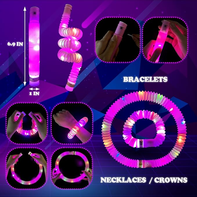 24 PCS Pink Glow Sticks Party Favors for Kids,LED Light up Pop Tubes for Toddlers, Neon Necklaces Bracelets Accessories,Glow Birthday Dance Wedding Valentines Day Mardi Gras Party Supplies Decorations