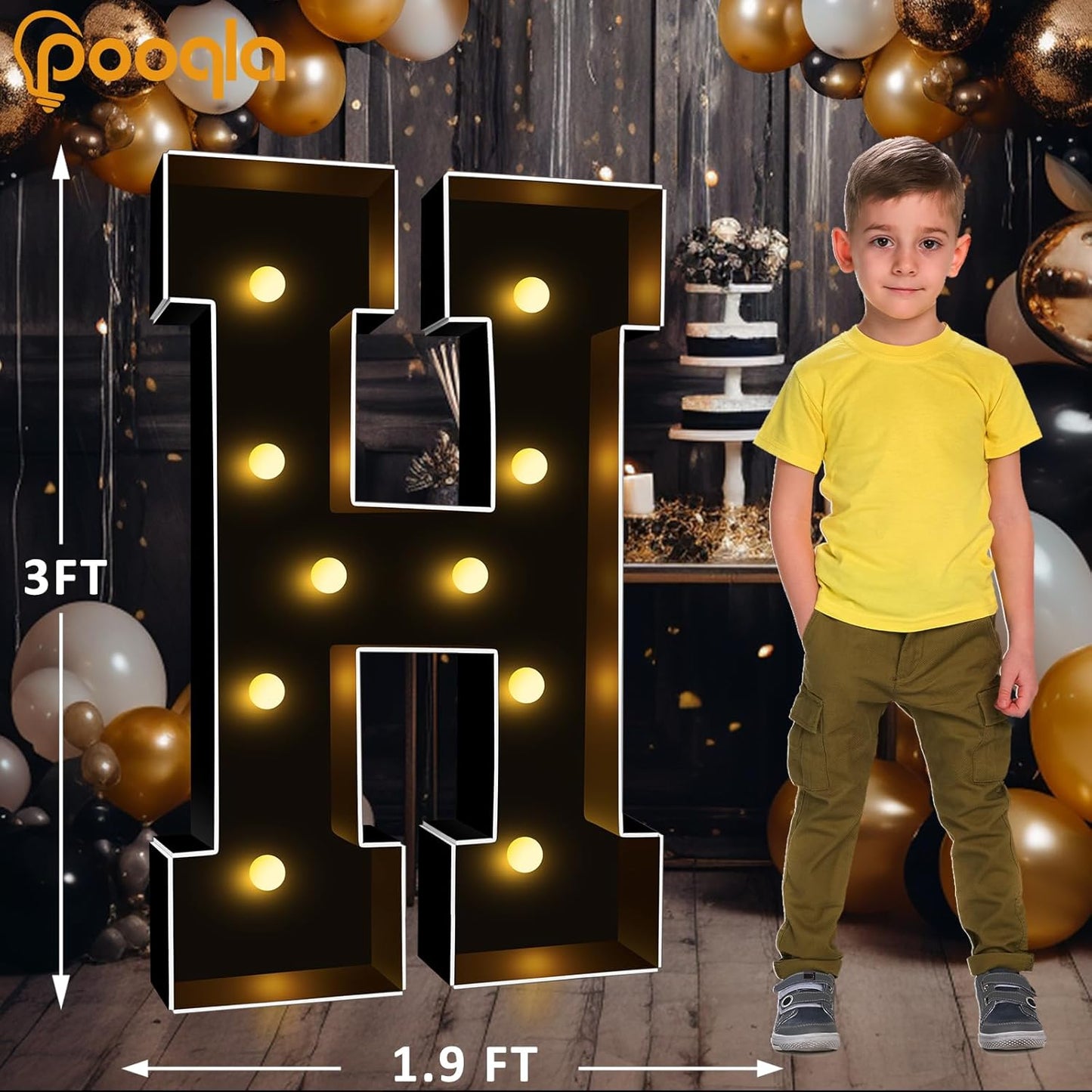 Pooqla 3FT Marquee Light Up Letters, Black LED Party Decor Large Marquee Letters 3 Feet Tall, Giant Mosaic Letter for Birthday Graduation Anniversary Wedding Decoration, Letter H