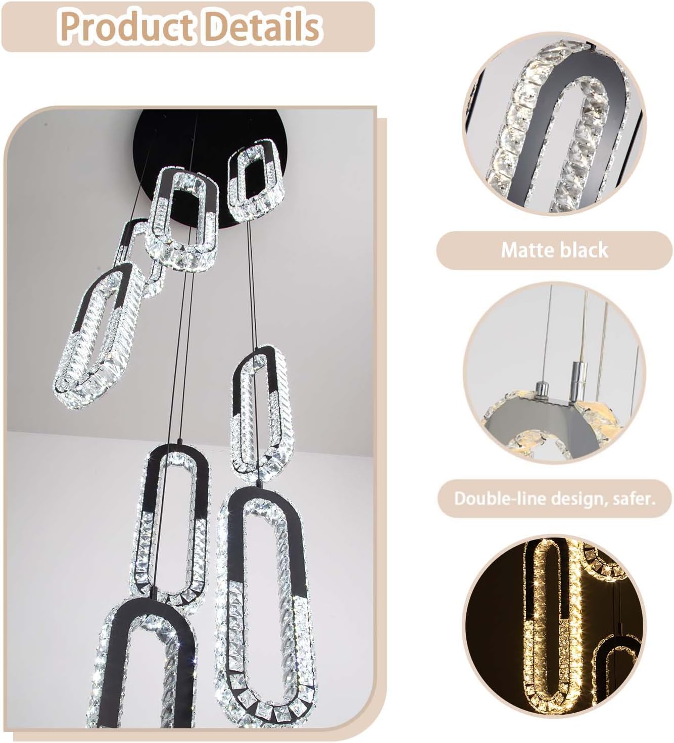 5 Rings Crystal Chandeliers for Staircase Large Pendants Light Fixture Black High Ceiling Chandelier for Entryway Bedroom Foyer 2700K-6000K