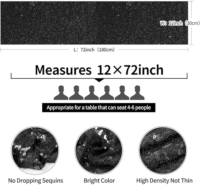 6 Packs 12 x 72 inches Black Sequin Table Runner, Glitter Runner for Birthday Party Supplies Decorations Wedding Bachelorette Holiday Celebration Bridal Shower Baby Shower