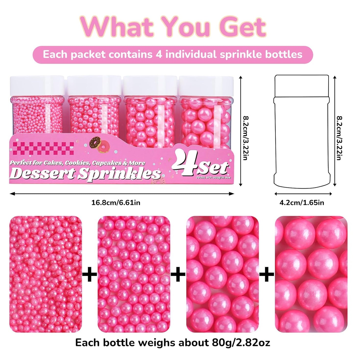 Pink Pearl Sprinkles for Cake Decorating, 11.3 Oz Edible Pearls Sugar 4 Sizes Gift Box Set for Baking Cookie Ice Cream Cupcake Toppings