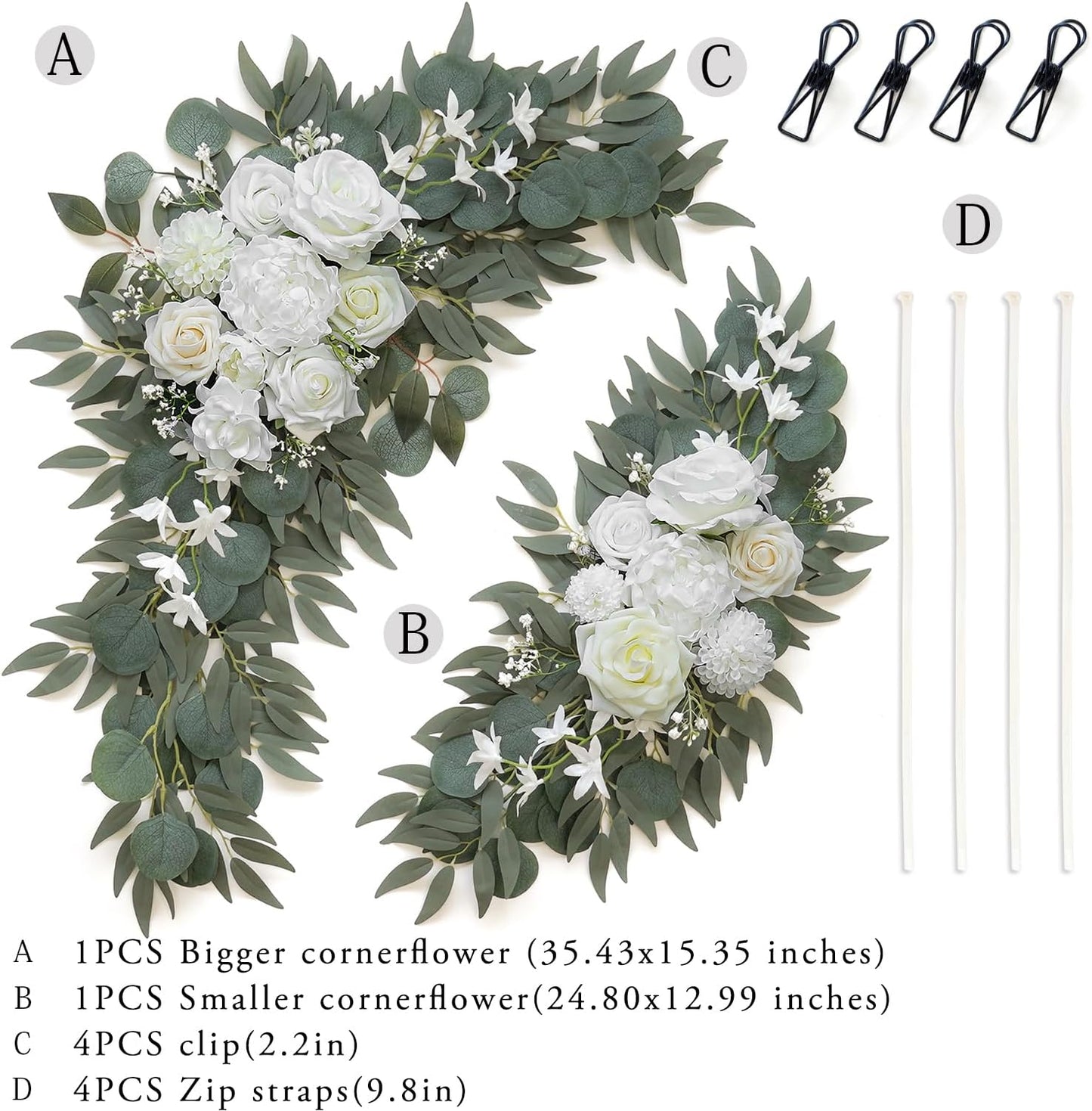 Artificial Flower Swag Set of 2 for Wedding Welcome Signs Floral Decorations, White Wedding Arch Flowers for Wedding Ceremony