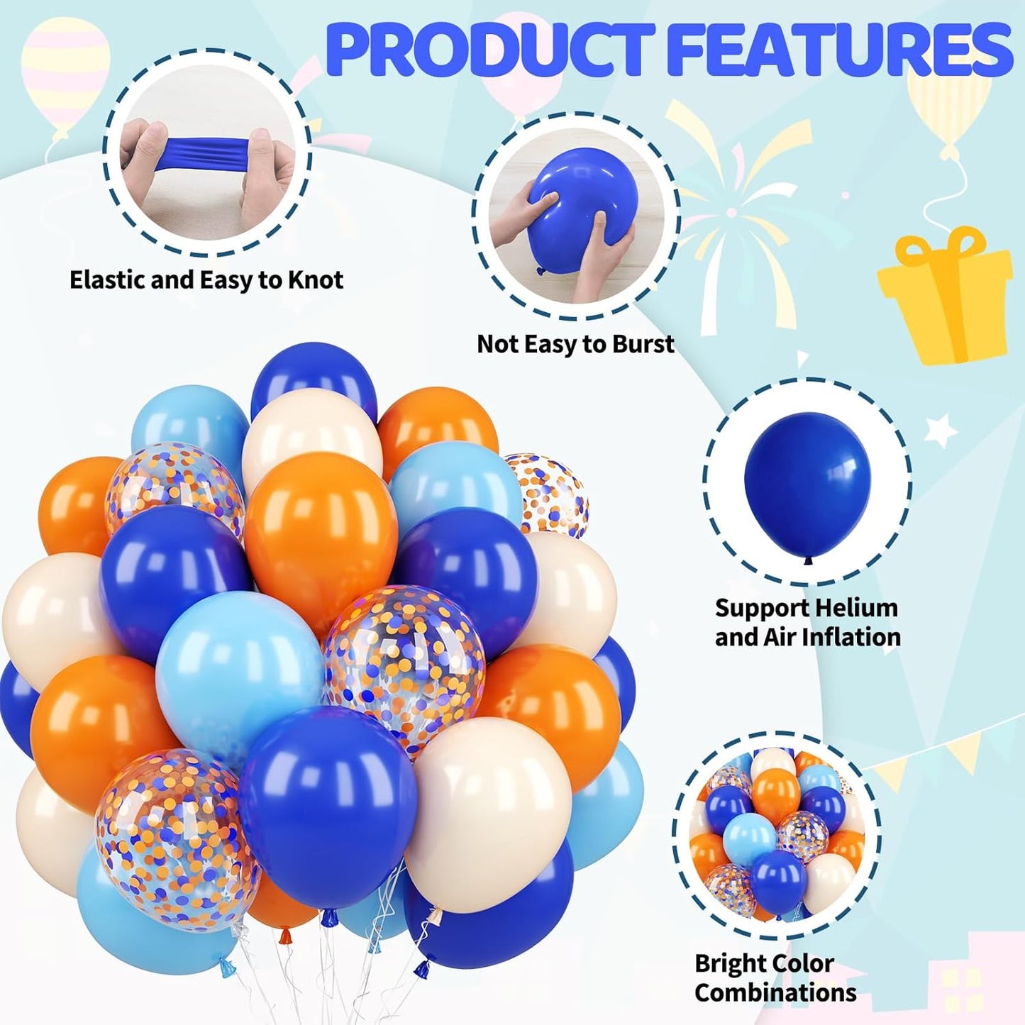 Blue and Orange Balloons Set, 50PCS 12 Inch Confetti Balloon Orange Dark Light Blue Apricot Nude Party Balloons Latex Helium for Boys Kids Baby Shower Graduation Wedding Blue Birthday Party Decoration