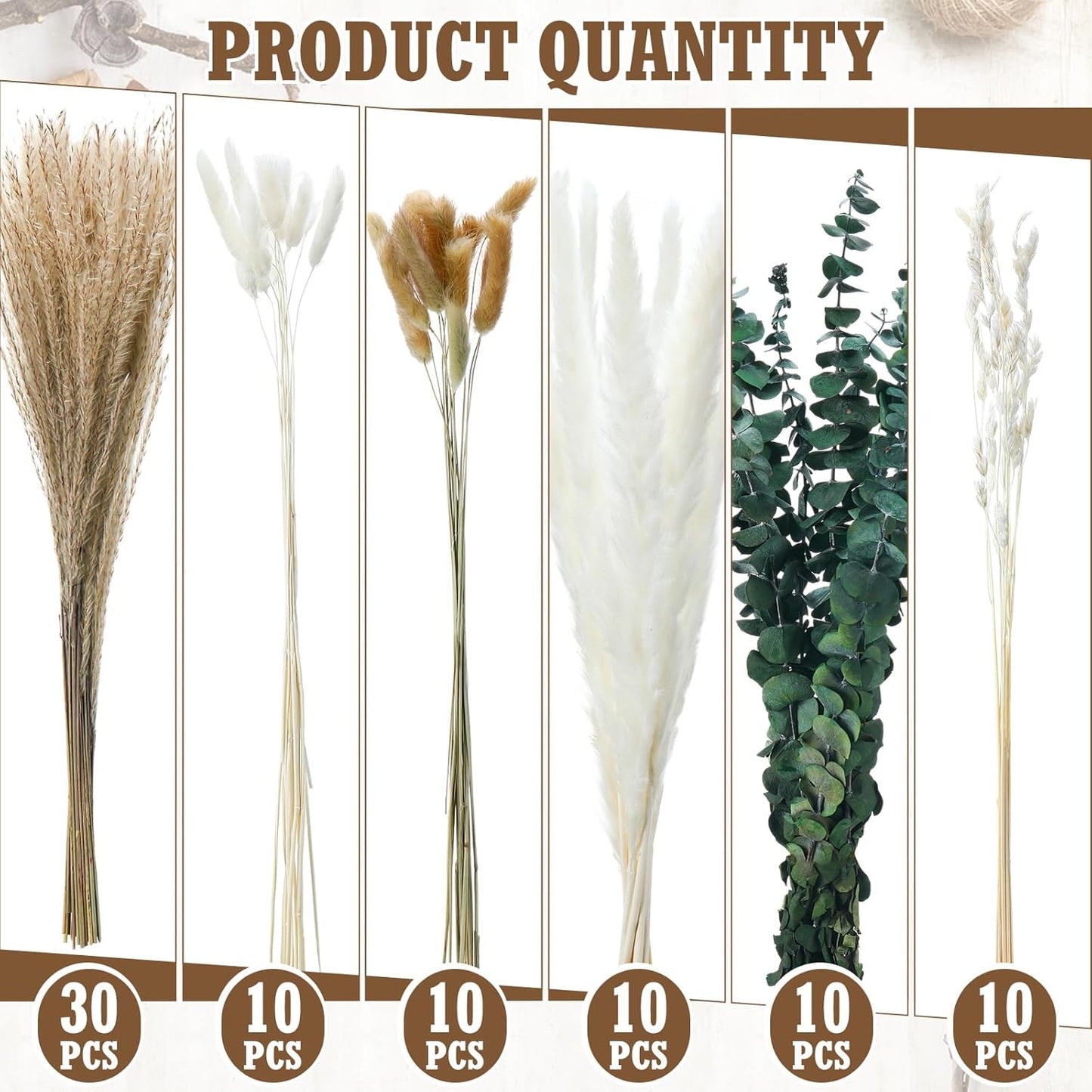 10 Set Dried Pampas Grass Centerpiece for Wedding 10 Clear Glass Jars 10 Artificial Roses 80 Dried Pampas Grass with Rope for Baby Shower Rustic Bridal Party Farmhouse Decoration (Champagne)