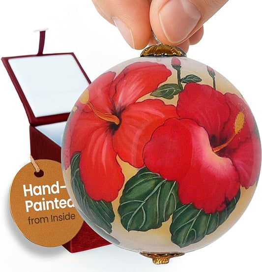 Collectible Hawaii Christmas Ornament Hibiscus Hand Painted from Inside The Glass, with Protective Gift Box, RH/H