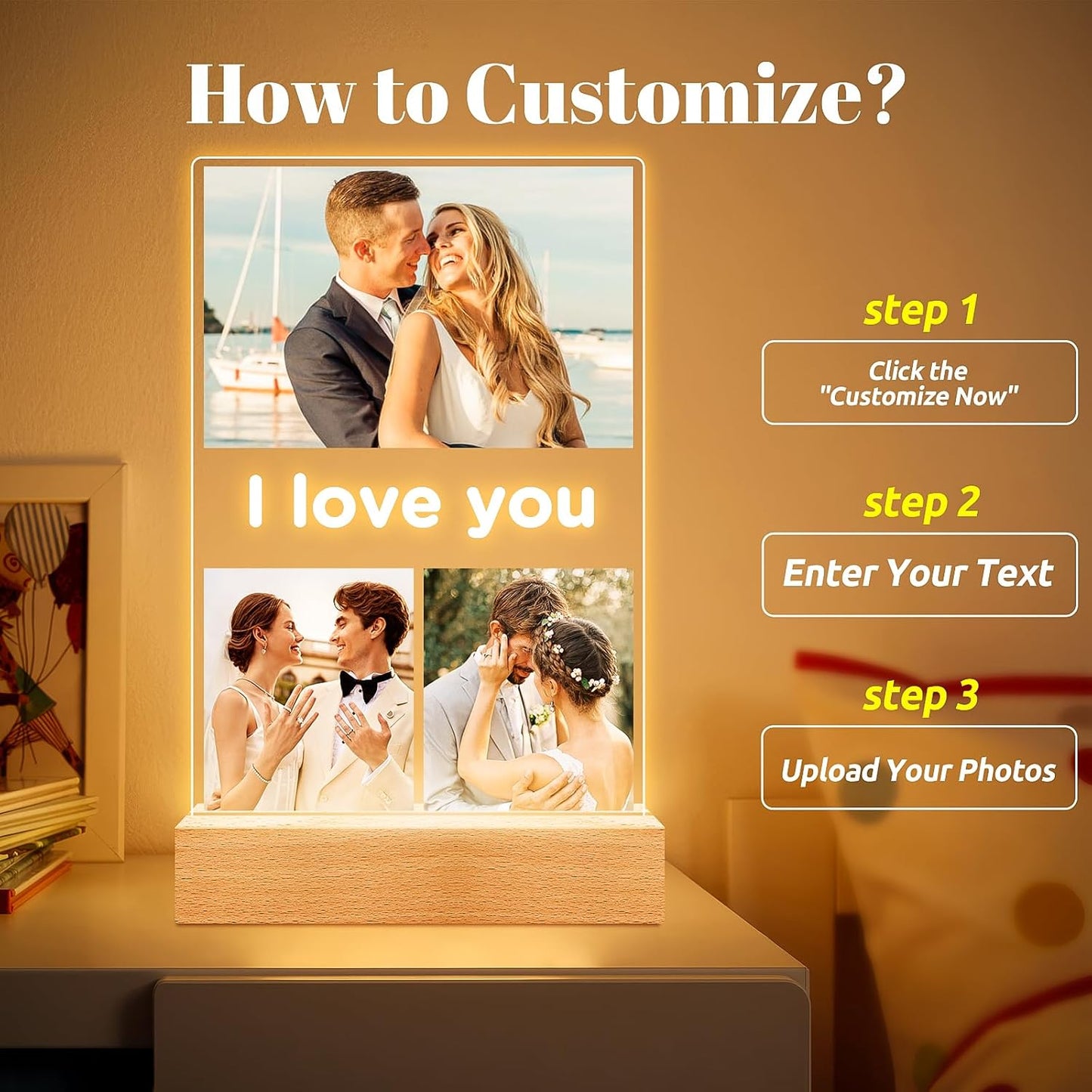 Personalized Anniversary Birthday Gifts for Women Men Her Him, Custom Picture Frames with Photo, Personalized Photo Frame with Night Light, Customized Gifts for Girlfriend Boyfriend Couples