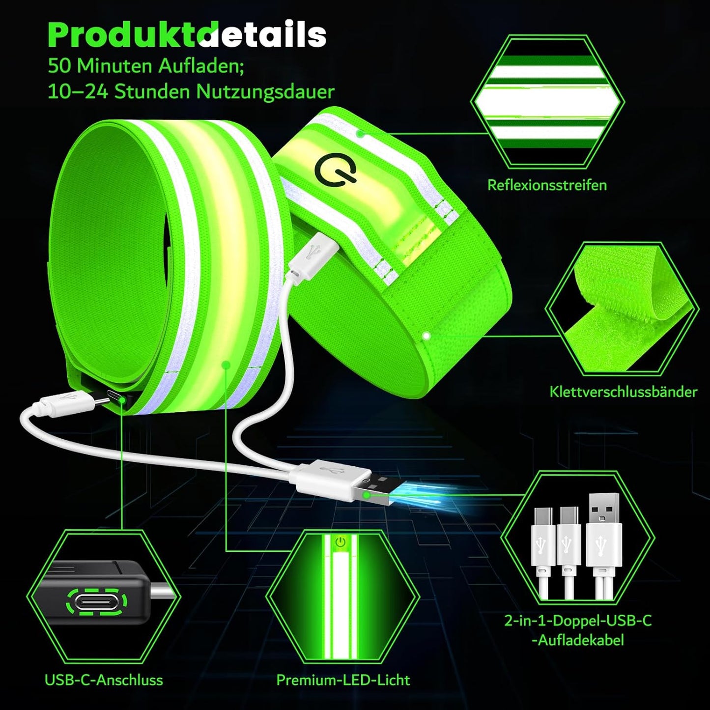 LED Armband for Running(2 Pack),Light Up Arm Bands for Night Walking Running,Rechargeable Lights for Runners,High Visibility Reflective Running Gear Adjustable Light Up Wristbands