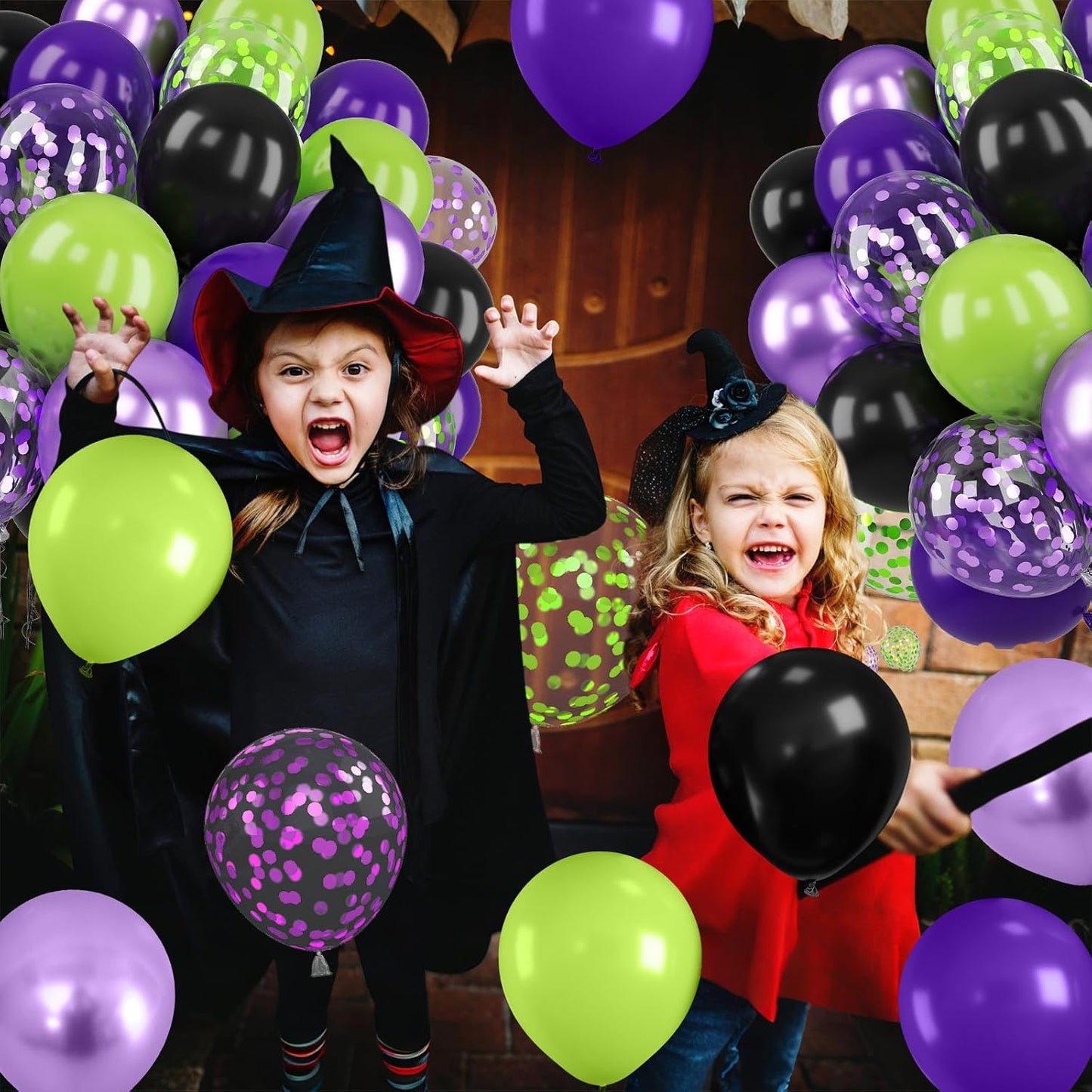 Purple Green Balloons, 12 Inch Halloween Balloons Set, Matte Black Fruit Green and Metallic Purple Confetti Balloon Latex Helium Balloon for Birthday Horror Halloween Party Decorations Indoor Outdoor