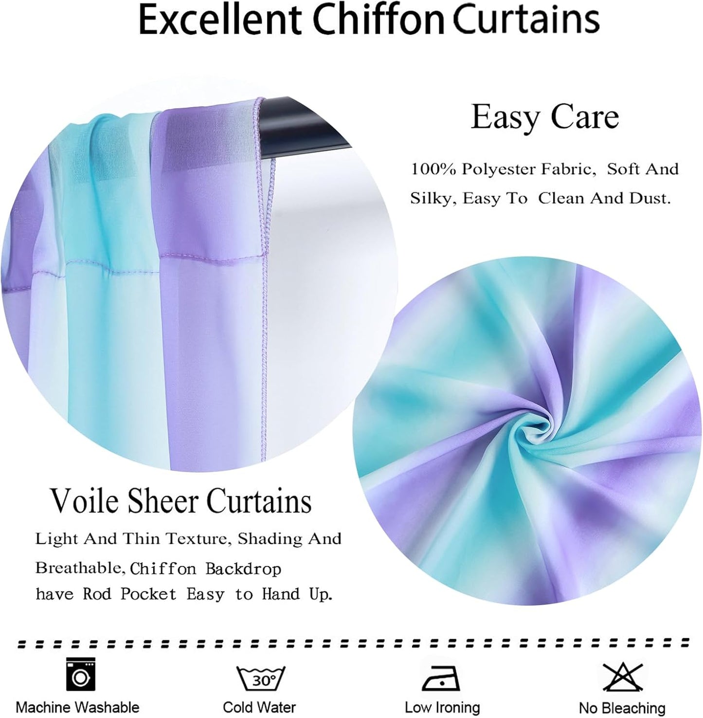 DUOBAO 2-Pack Mermaid-Inspired Chiffon Curtain Panels - Long Ombre Aqua Turquoise Teal Lilac Purple Sheer Voile for Girls' Bedroom & Living Room Windows, Each 58"" W x 120"" L