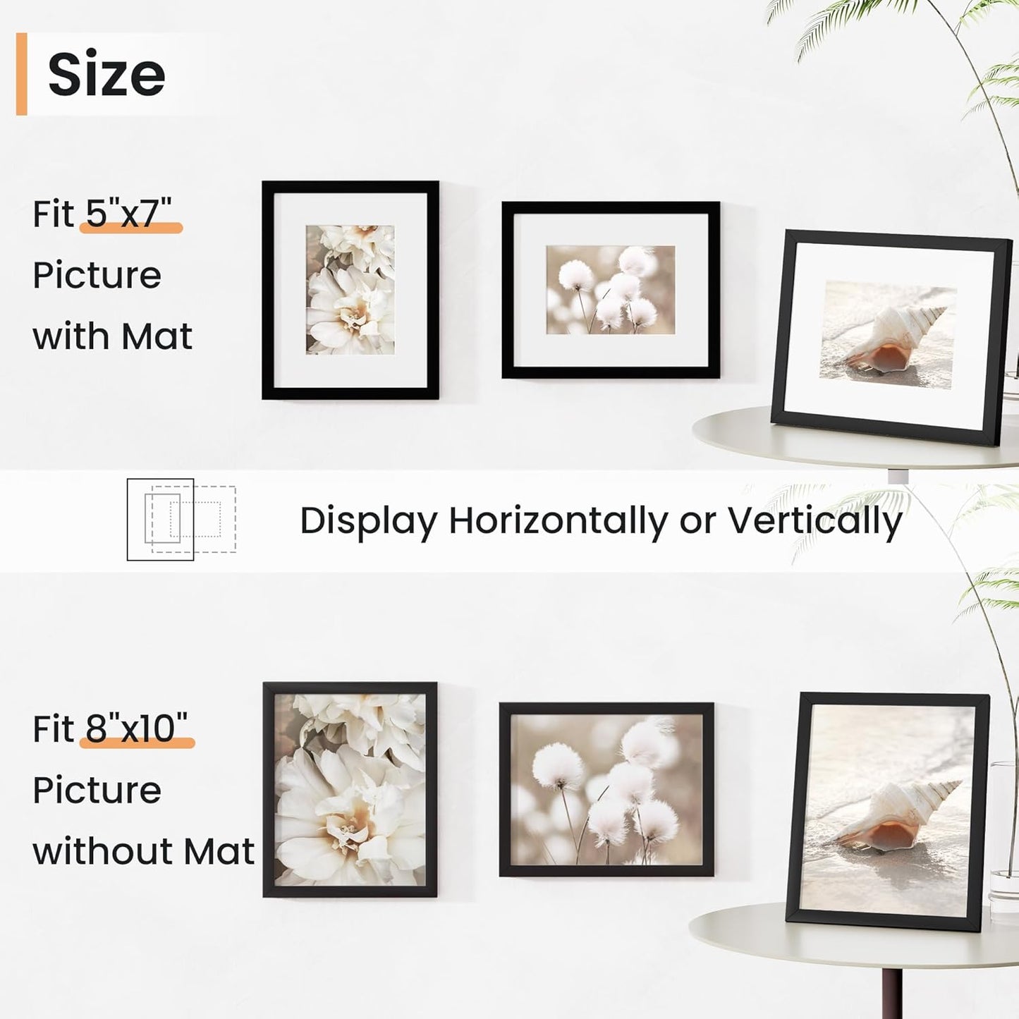 8x10 inch Picture Frame, 8x10 Photo Frames with 5x7 Removable Mat - High Definition Plexiglass - Vertical and Horizontal Display - Wall Hanging Frame - Black, 5 Pack