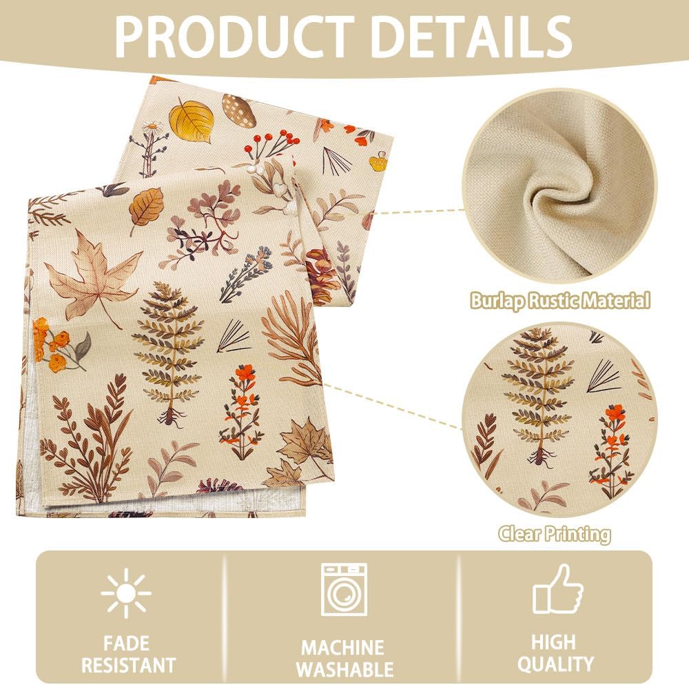 Grey Wildflower Leaves Floral Fall Table Runner, Seasonal Autumn Harvest Thanksgiving Burlap Farmhouse Indoor Outdoor Fall Kitchen Dining Decoration for Home Party 13x72 Inch