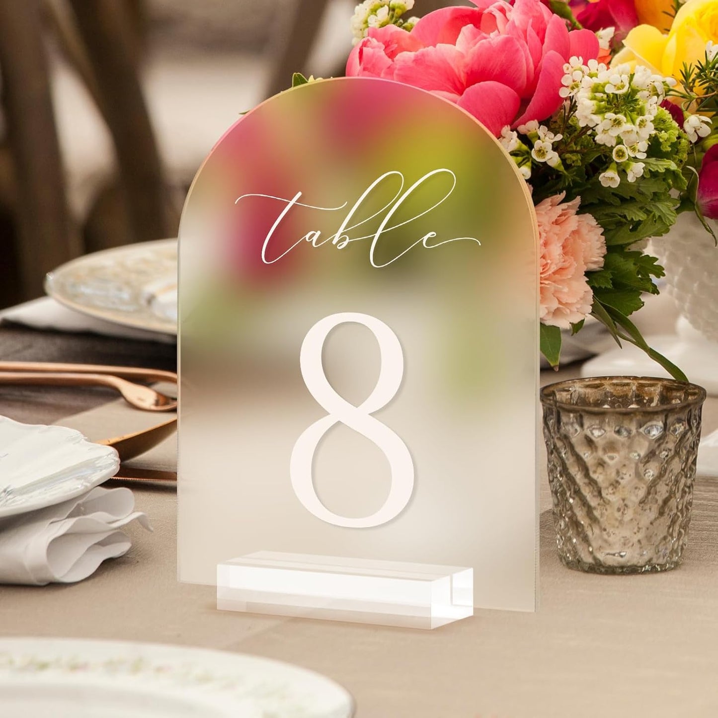 JINMURY Frosted Arch Table Numbers for Wedding, 5x7 Inch Acrylic Table Numbers 1-30 with Stands, Frosted Acrylic Arch Tabletop Sign with Holder for Centerpiece, Reception, Wedding, Party, Event
